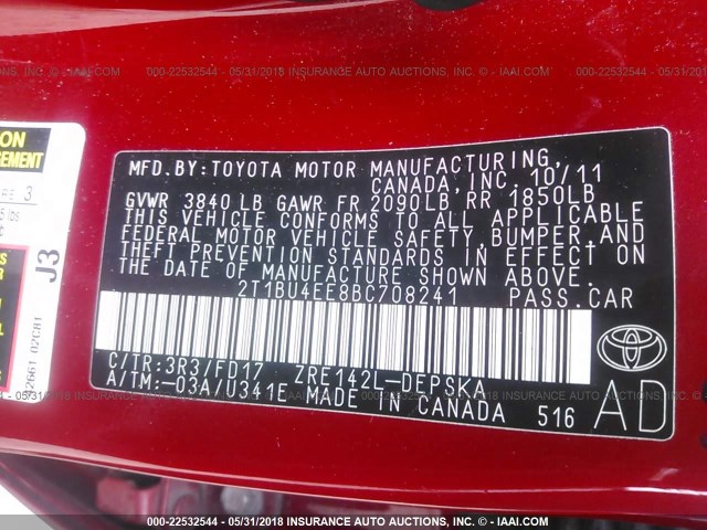 2T1BU4EE8BC708241 - 2011 TOYOTA COROLLA S/LE RED photo 9