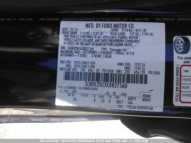 3LNHL2GCXCR827560 - 2012 LINCOLN MKZ BLACK photo 9