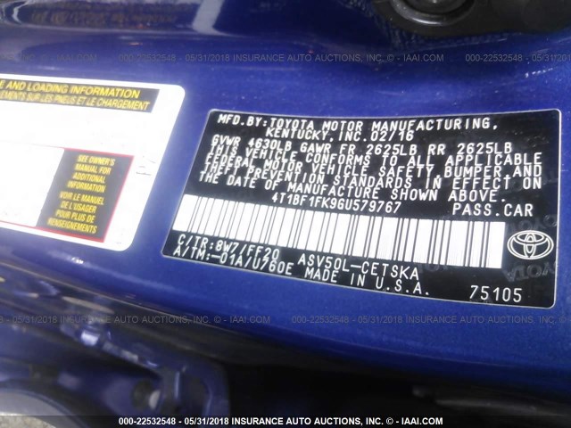 4T1BF1FK9GU579767 - 2016 TOYOTA CAMRY LE/XLE/SE/XSE BLUE photo 9