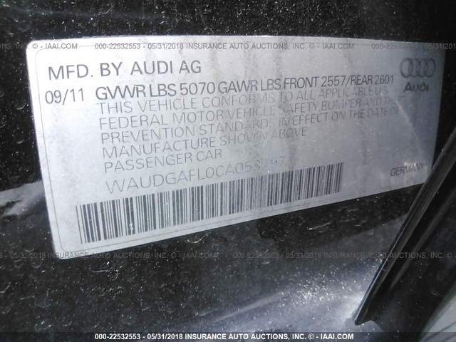 WAUDGAFL0CA053197 - 2012 AUDI S4 PREMIUM PLUS BLACK photo 9