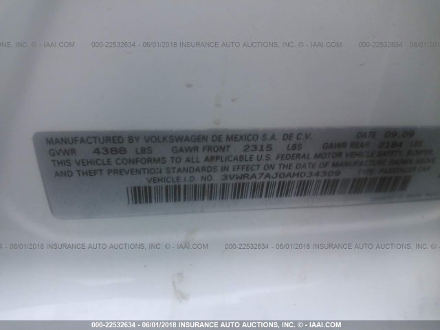 3VWRA7AJ0AM034309 - 2010 VOLKSWAGEN JETTA WOLFSBURG 白色 照片 9