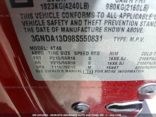 3GNDA13D98S550831 - 2008 CHEVROLET HHR LS RED photo 9