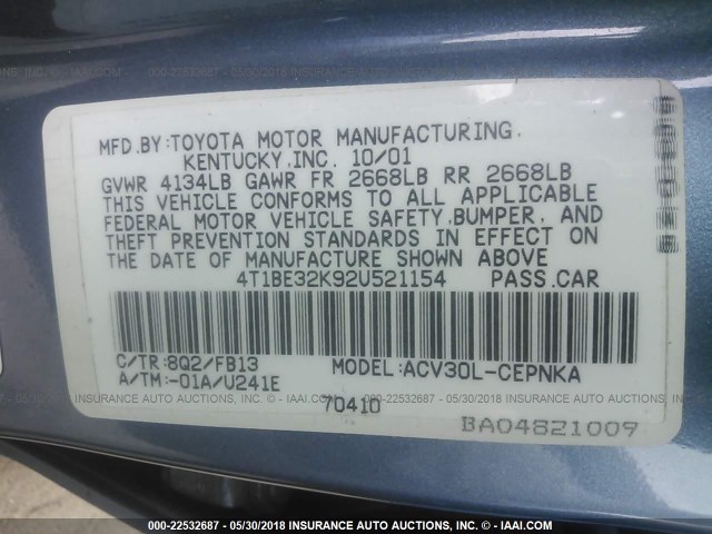4T1BE32K92U521154 - 2002 TOYOTA CAMRY LE/XLE/SE ღია ლურჯი ფოტო 9