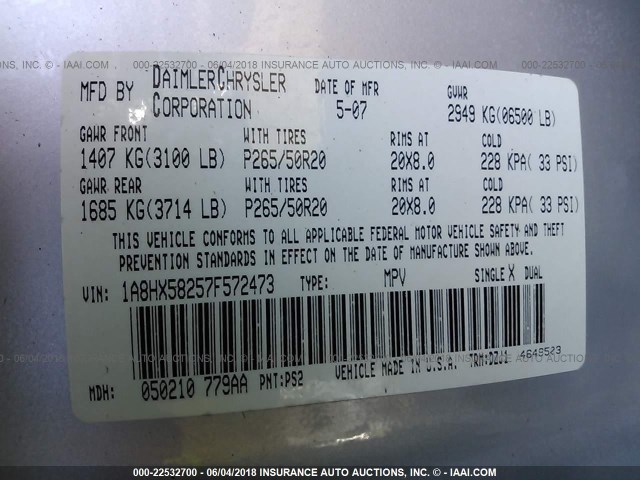 1A8HX58257F572473 - 2007 CHRYSLER ASPEN LIMITED SILVER photo 9