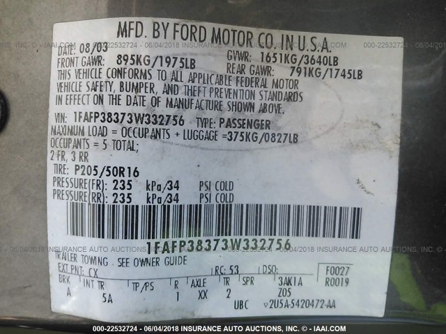 1FAFP38373W332756 - 2003 FORD FOCUS ZTS GRAY photo 9