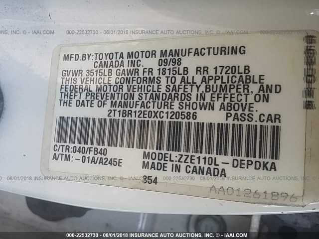 2T1BR12E0XC120586 - 1999 TOYOTA COROLLA VE/CE/LE Weiß Foto 9