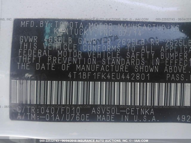 4T1BF1FK4EU442801 - 2014 TOYOTA CAMRY L/SE/LE/XLE 白色 照片 9