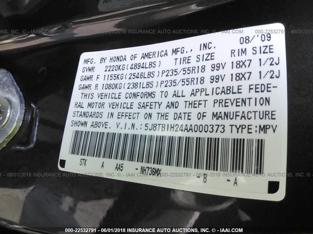 5J8TB1H24AA000373 - 2010 ACURA RDX BLACK photo 9