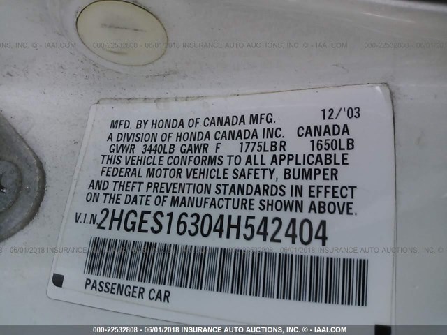 2HGES16304H542404 - 2004 HONDA CIVIC DX VP 白色 照片 9