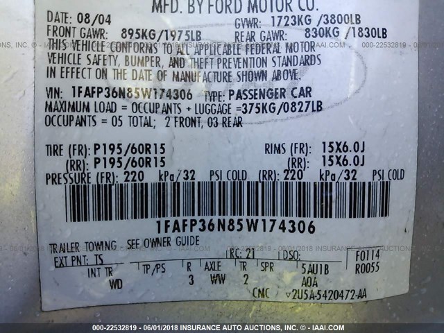 1FAFP36N85W174306 - 2005 FORD FOCUS ZXW GRAY photo 9