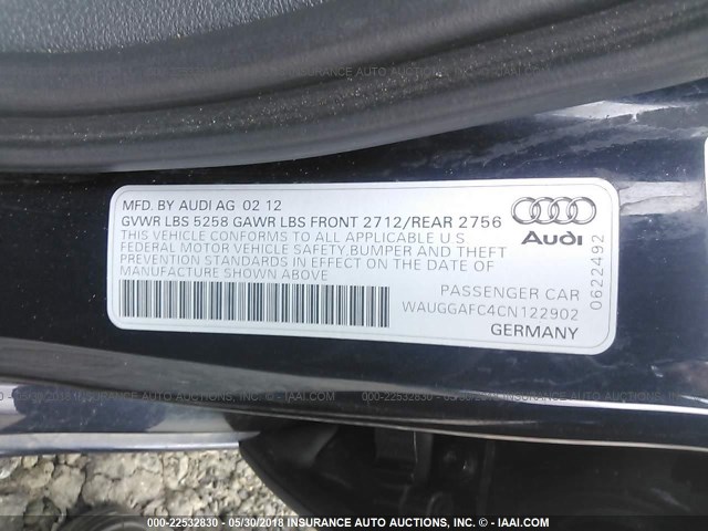 WAUGGAFC4CN122902 - 2012 AUDI A6 PREMIUM PLUS BLUE photo 9