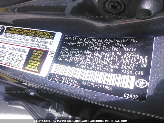 4T4BF1FK5ER402488 - 2014 TOYOTA CAMRY L/SE/LE/XLE 灰色 照片 9