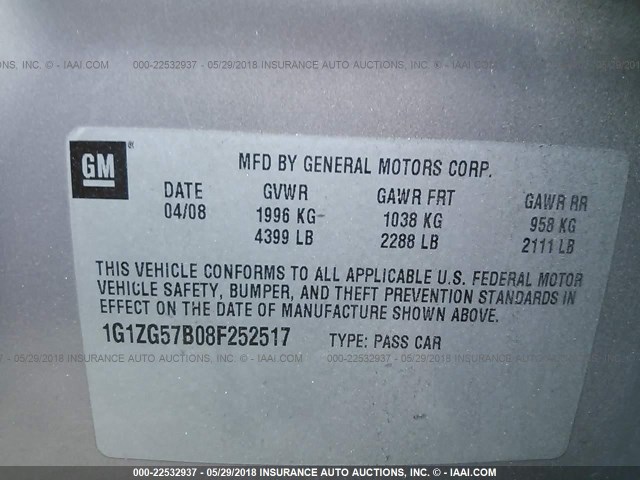 1G1ZG57B08F252517 - 2008 CHEVROLET MALIBU LS GOLD photo 9