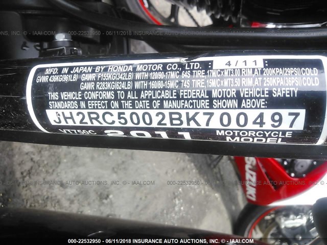 JH2RC5002BK700497 - 2011 HONDA VT750 C RED photo 10