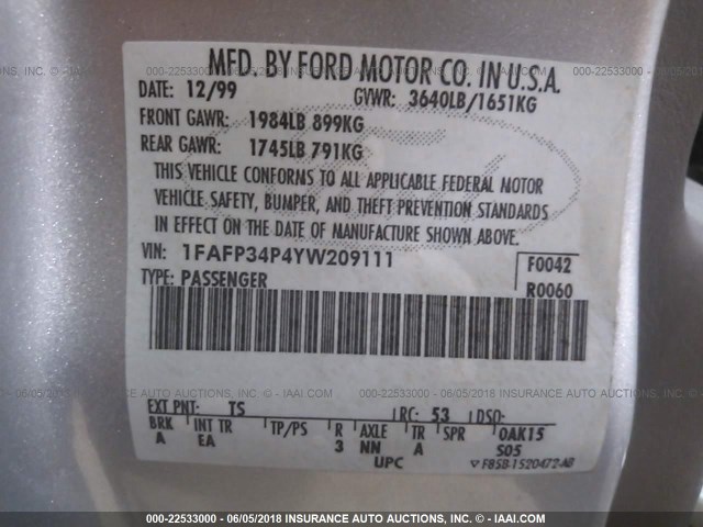 1FAFP34P4YW209111 - 2000 FORD FOCUS SE/SE COMFORT SILVER photo 9