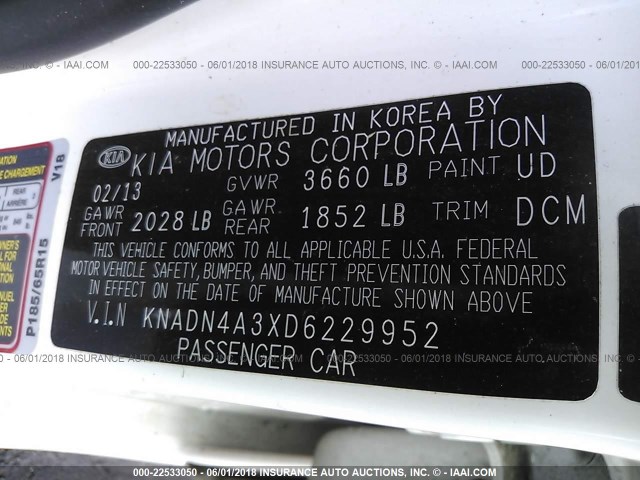 KNADN4A3XD6229952 - 2013 KIA RIO EX/SX WHITE photo 9