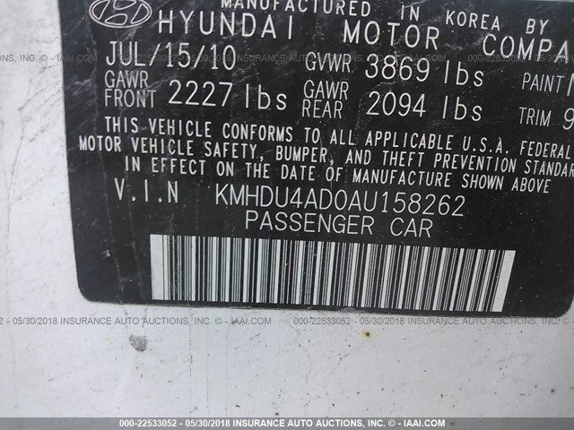 KMHDU4AD0AU158262 - 2010 HYUNDAI ELANTRA BLUE/GLS/SE WHITE photo 9