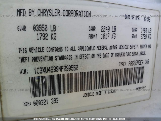 1C3XU4539NF290552 - 1992 CHRYSLER LEBARON 白色 照片 9