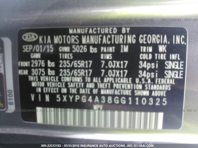 5XYPG4A38GG110325 - 2016 KIA SORENTO LX/L GRAY photo 9