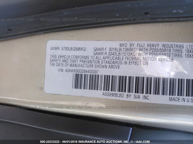 4S4WX90D284405337 - 2008 SUBARU TRIBECA LIMITED BEIGE photo 9