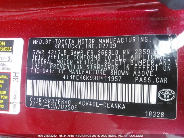 4T1BE46K99U411957 - 2009 TOYOTA CAMRY SE/LE/XLE წითელი ფოტო 9