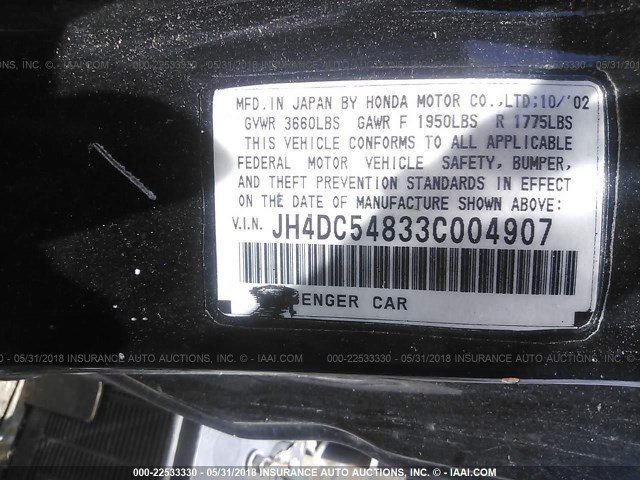 JH4DC54833C004907 - 2003 ACURA RSX BLACK photo 9