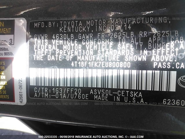 4T1BF1FK7EU800800 - 2014 TOYOTA CAMRY L/SE/LE/XLE 灰色 照片 9