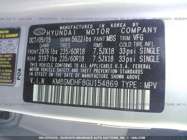 KM8SMDHF8GU154869 - 2016 HYUNDAI SANTA FE SE SILVER photo 9