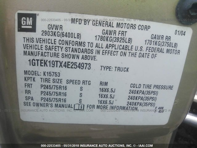 1GTEK19TX4E254973 - 2004 GMC NEW SIERRA K1500 GOLD photo 9