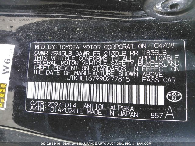 JTKDE167990277815 - 2009 TOYOTA SCION TC 黑色 照片 9