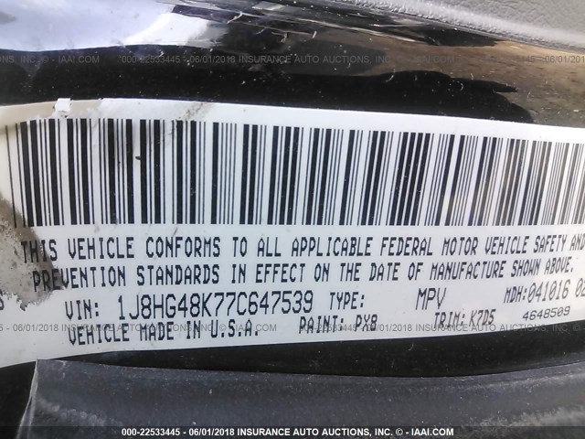 1J8HG48K77C647539 - 2007 JEEP COMMANDER BLACK photo 9