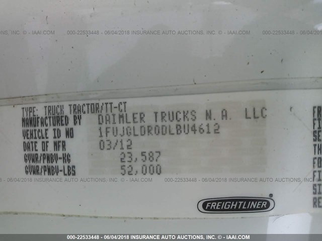 1FUJGLDR0DLBU4612 - 2013 FREIGHTLINER CASCADIA 125  WHITE photo 10