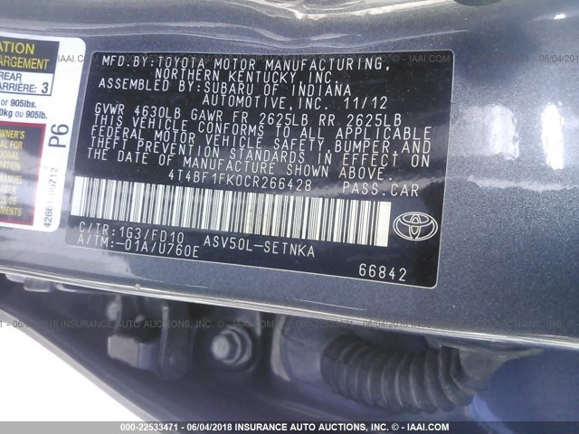 4T4BF1FK0CR266428 - 2012 TOYOTA CAMRY SE/LE/XLE 灰色 照片 9