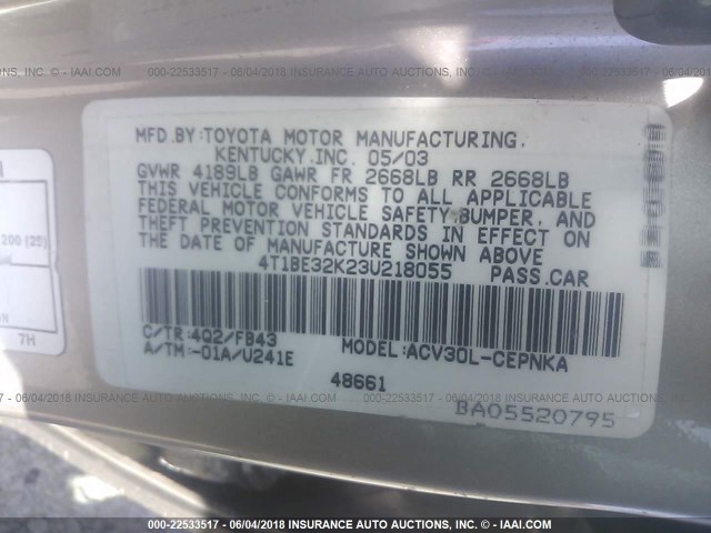 4T1BE32K23U218055 - 2003 TOYOTA CAMRY LE/XLE/SE ოქროსფერი ფოტო 9