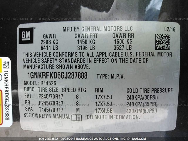 1GNKRFKD6GJ287888 - 2016 CHEVROLET TRAVERSE LS GRAY photo 9