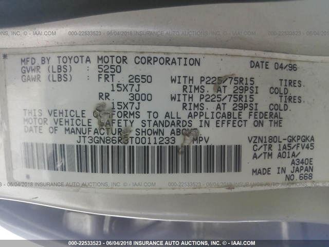 JT3GN86R3T0011233 - 1996 TOYOTA 4RUNNER SR5 WHITE photo 9