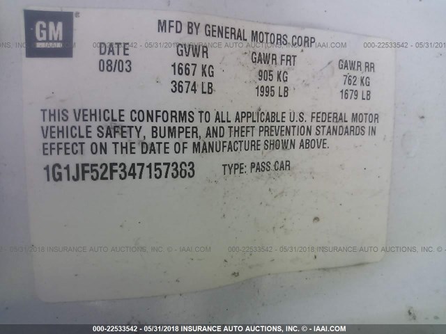 1G1JF52F347157383 - 2004 CHEVROLET CAVALIER LS WHITE photo 9