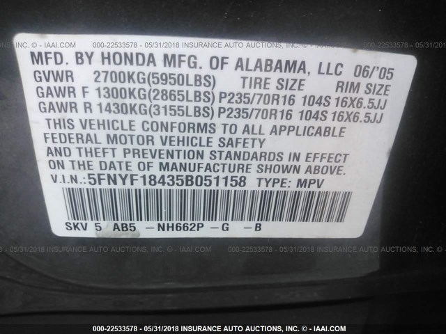 5FNYF18435B051158 - 2005 HONDA PILOT EX BLUE photo 9