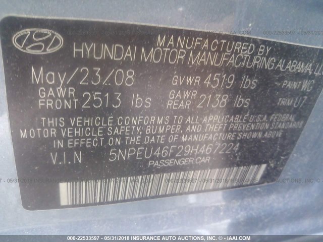 5NPEU46F29H467224 - 2009 HYUNDAI SONATA SE/LIMITED BLUE photo 9