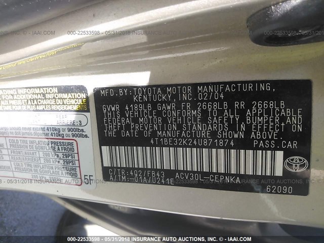4T1BE32K24U871874 - 2004 TOYOTA CAMRY LE/XLE/SE GOLD photo 9