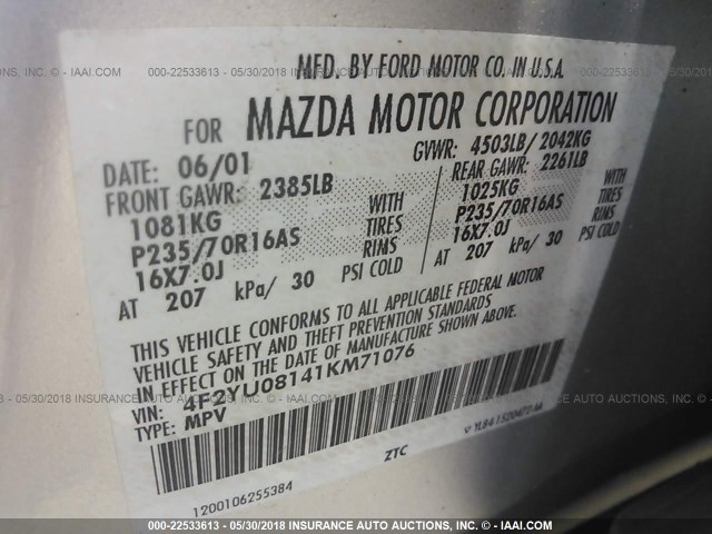 4F2YU08141KM71076 - 2001 MAZDA TRIBUTE LX/ES 银色 照片 9