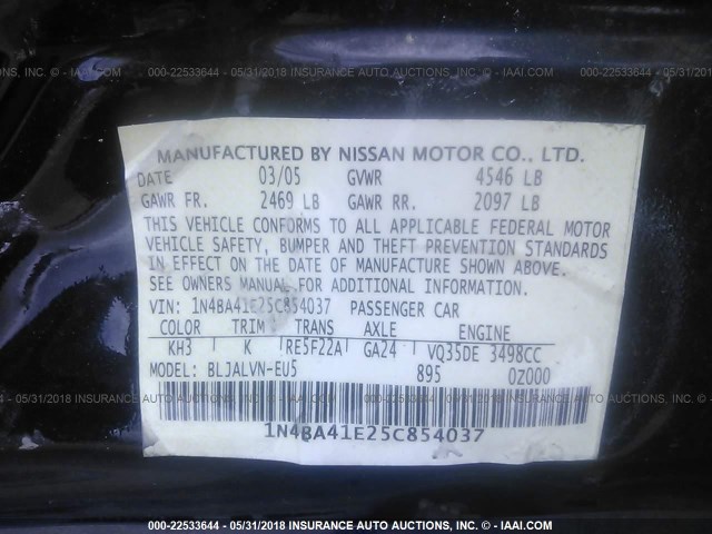 1N4BA41E25C854037 - 2005 NISSAN MAXIMA SE/SL BLACK photo 9