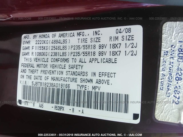 5J8TB18238A019166 - 2008 ACURA RDX RED photo 9