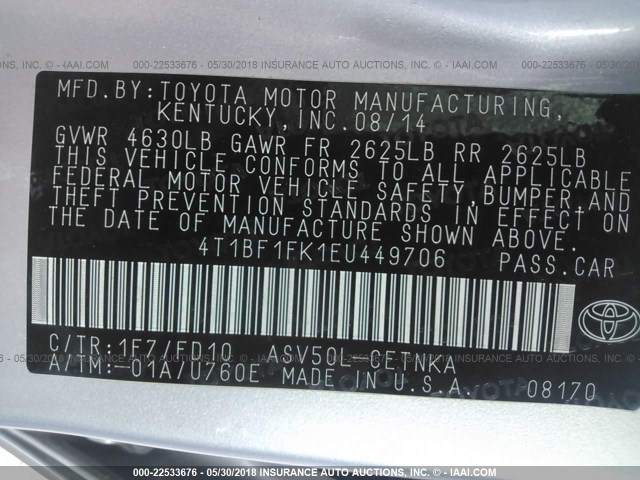 4T1BF1FK1EU449706 - 2014 TOYOTA CAMRY L/SE/LE/XLE 银色 照片 9