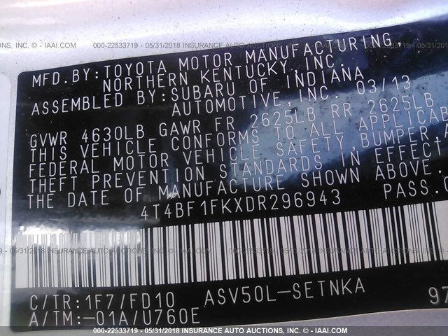 4T4BF1FKXDR296943 - 2013 TOYOTA CAMRY L/SE/LE/XLE 银色 照片 9