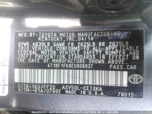 4T1BF1FK8EU808937 - 2014 TOYOTA CAMRY L/SE/LE/XLE 灰色 照片 9