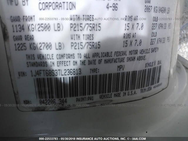 1J4FT68S3TL236813 - 1996 JEEP CHEROKEE SPORT/CLASSIC თეთრი ფოტო 9