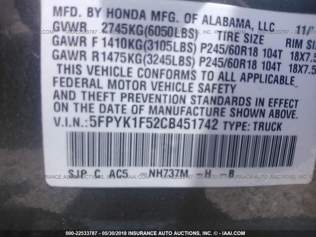 5FPYK1F52CB451742 - 2012 HONDA RIDGELINE RTL GRAY photo 9