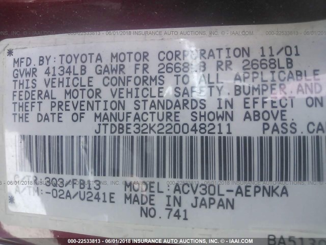 JTDBE32K220048211 - 2002 TOYOTA CAMRY LE/XLE/SE წითელი ფოტო 9