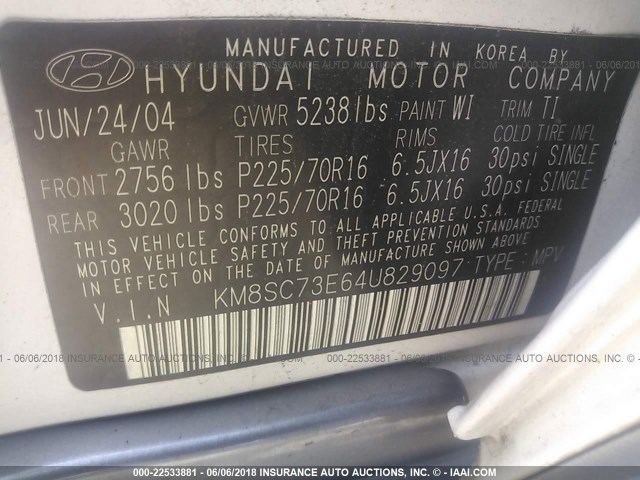 KM8SC73E64U829097 - 2004 HYUNDAI SANTA FE GLS/LX WHITE photo 9